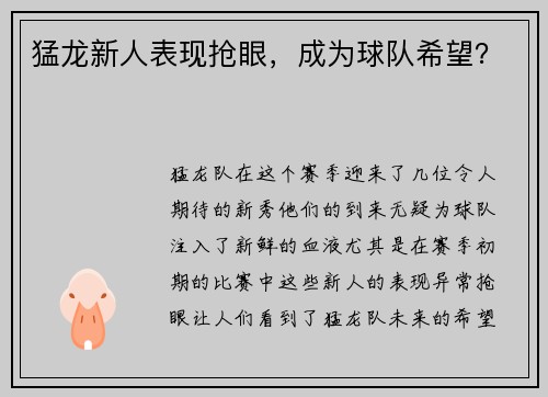 猛龙新人表现抢眼，成为球队希望？
